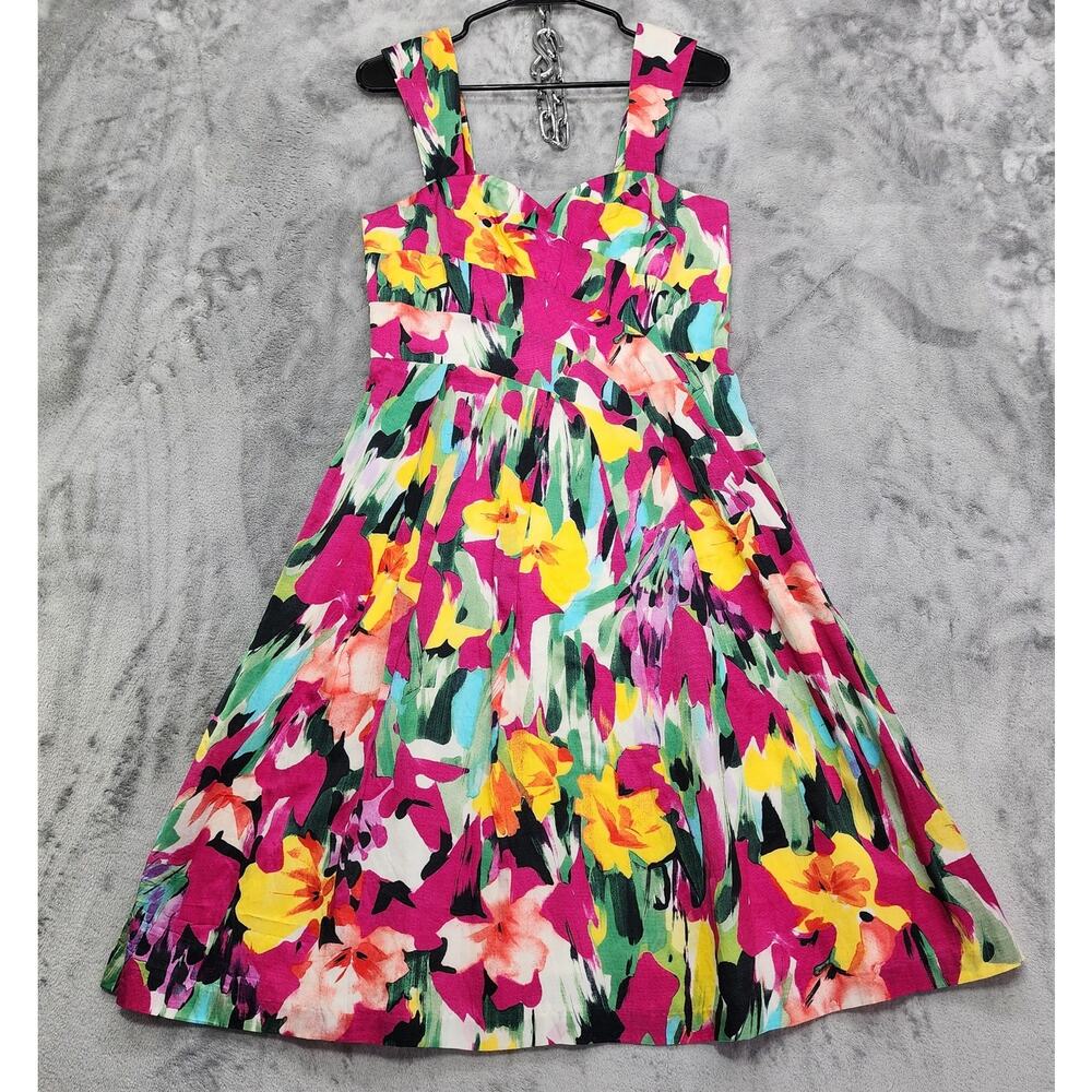 Vintage Suzi Chin For Maggy Boutique Dress Womens 6 Floral Silk Cotton Fit Flare